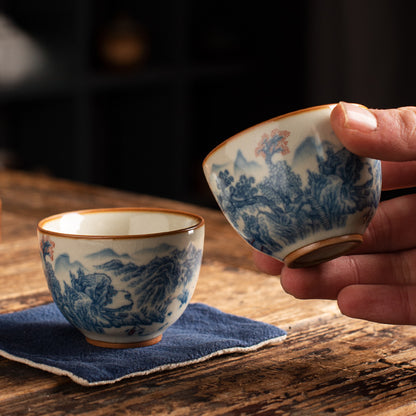 Ru Kiln Blue & White Tea Cup - Handcrafted Crackle Glaze Ceramic with Cobalt Design (Owner's Cup)