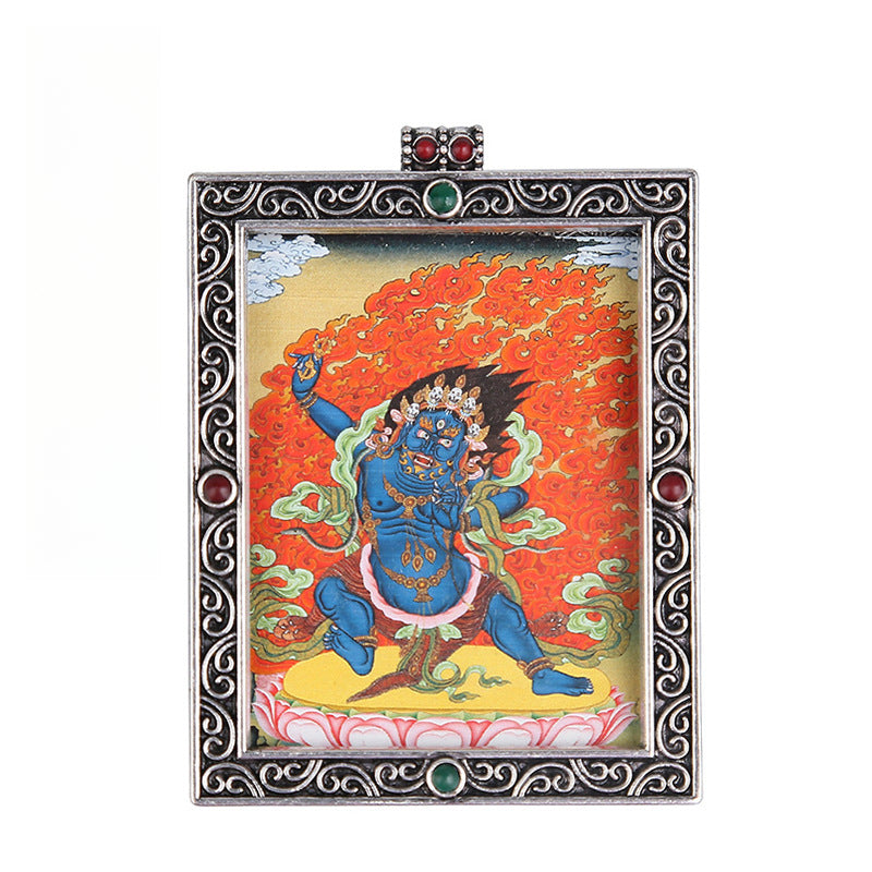 Metal Mini Thangka Box Pendant – Nepalese Wealth God, Green Tara & Four-Armed Avalokiteshvara Silver Pendant