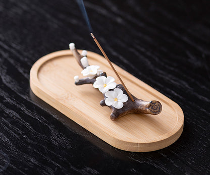 Ceramic Peach Blossom Incense Holder with Wooden Base - Handcrafted Zen Desk Decor (11.5x3x2cm, 2mm Hole)