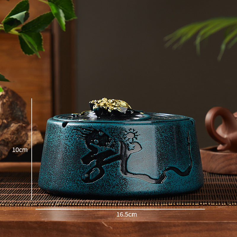 Creative Embossed Ashtray – Zen Design with Lid for Living Room & Tea Table