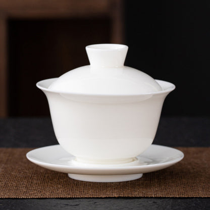 Dehua Blanc de Chine Three-Element Gaiwan - Mutton Fat Jade Porcelain Gongfu Tea Bowl with Lid & Saucer