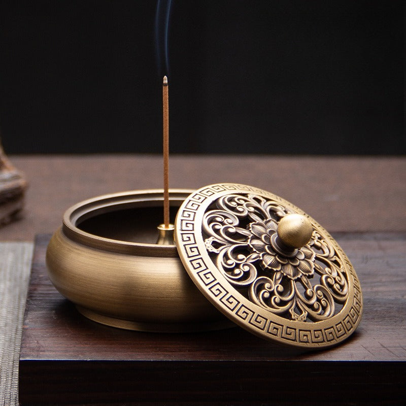 Antique Style Brass Incense Burner for Home - Engraved Incense Ceremony Accessory for Seal or Coil Incense