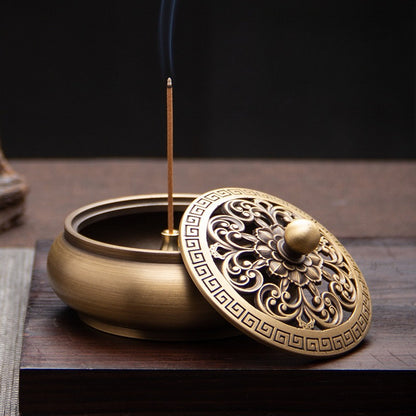 Antique Style Brass Incense Burner for Home - Engraved Incense Ceremony Accessory for Seal or Coil Incense