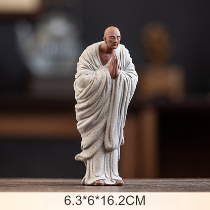 Zen Purple Clay Monk Figurines - Set of 6 Handcrafted Buddhist Statues for Tea Table & Home Decor