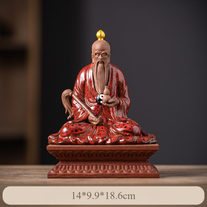 Chinese Ceramic Laozi Statue – Taoist Deity Figurine with Gourd & Horsetail Whisk, Handcrafted Home Altar Decor (13.7x9.2x14.6cm)