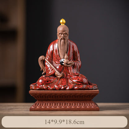 Chinese Ceramic Laozi Statue – Taoist Deity Figurine with Gourd & Horsetail Whisk, Handcrafted Home Altar Decor (13.7x9.2x14.6cm)