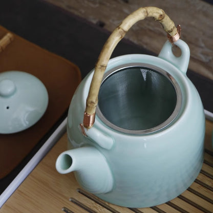 Celadon Tea Set with Bamboo Tray - Jingdezhen Ceramic (1000ml Pot, 6 Cups, Storage Jar, 2 Tea Boards)