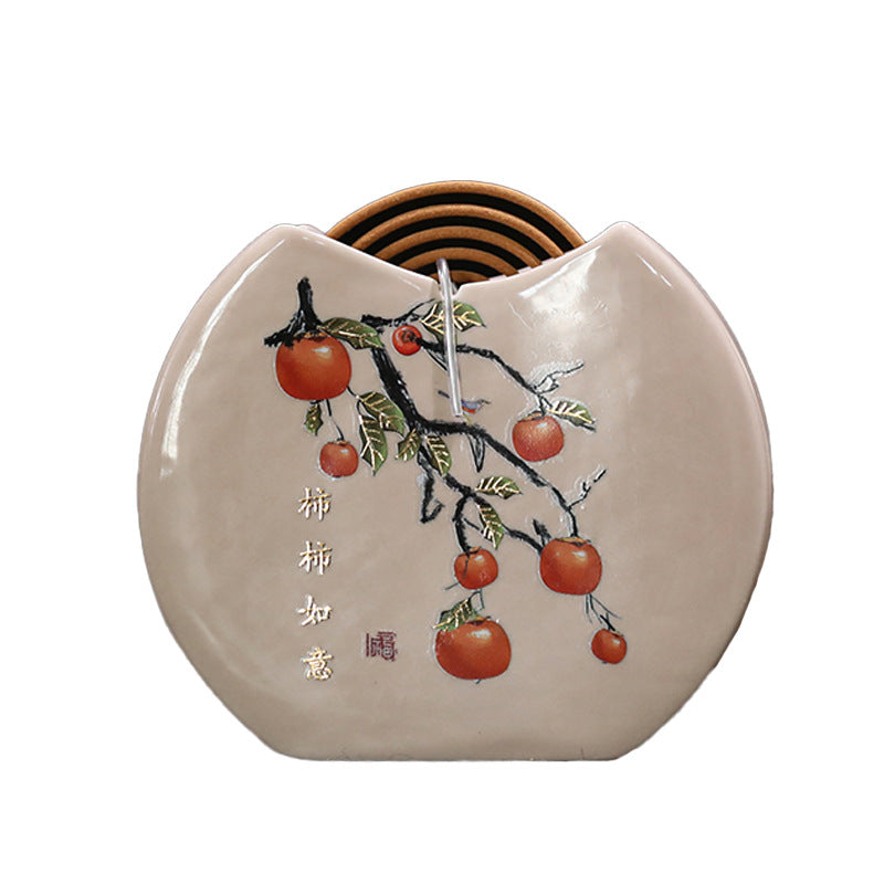 Persimmon-Themed Ceramic Incense Burner - Mini Round Fan Design for Coil Incense (11.5x10x2.2cm, 180g)