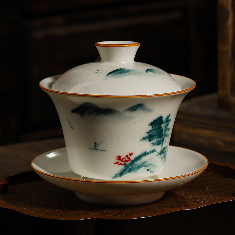 Hand-Painted Ru Porcelain Gaiwan, Ivory White Ceramic Tea Set, Crackle Glaze Three-Talent Bowl, Gongfu Tea Cup, 150ml