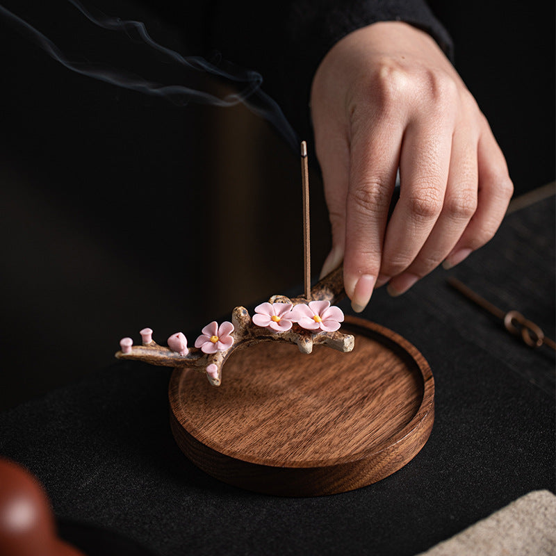Handmade Ceramic Peach Blossom Incense Holder - Multi-functional Zen Decor for Sticks Incense (11.5x3x2cm)