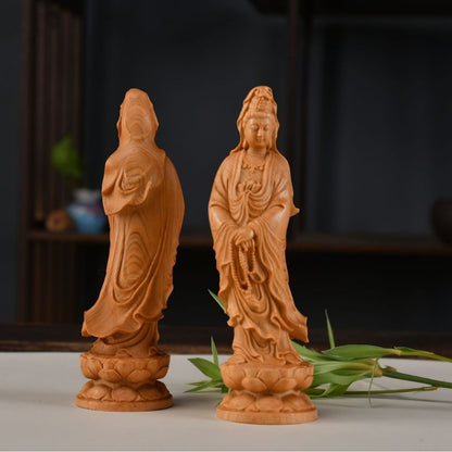 Guanyin Bodhisattva with Prayer Beads – Yellow-cedar Wood Carving for Home & Office Decor