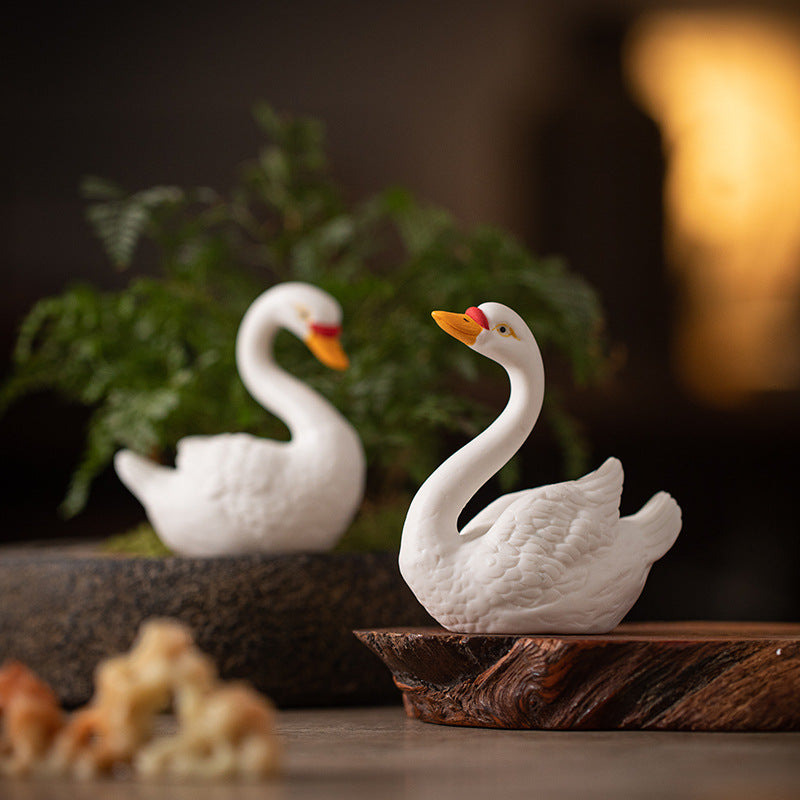 Ceramic Swan Decor Set - Elegant White Swan Figurines for Home, Office, or Fish Tank Landscape (Pair)
