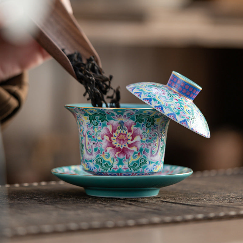 Chinese Enamel Floral Three-Lid Tea Bowl Set – Traditional Dragon Egg Teapot with Gold Trim