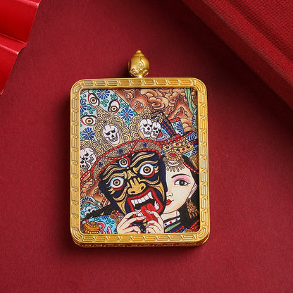Zaki Ram Tibetan Thangka Pendant – Golden Square Pendant with Sacred Artwork