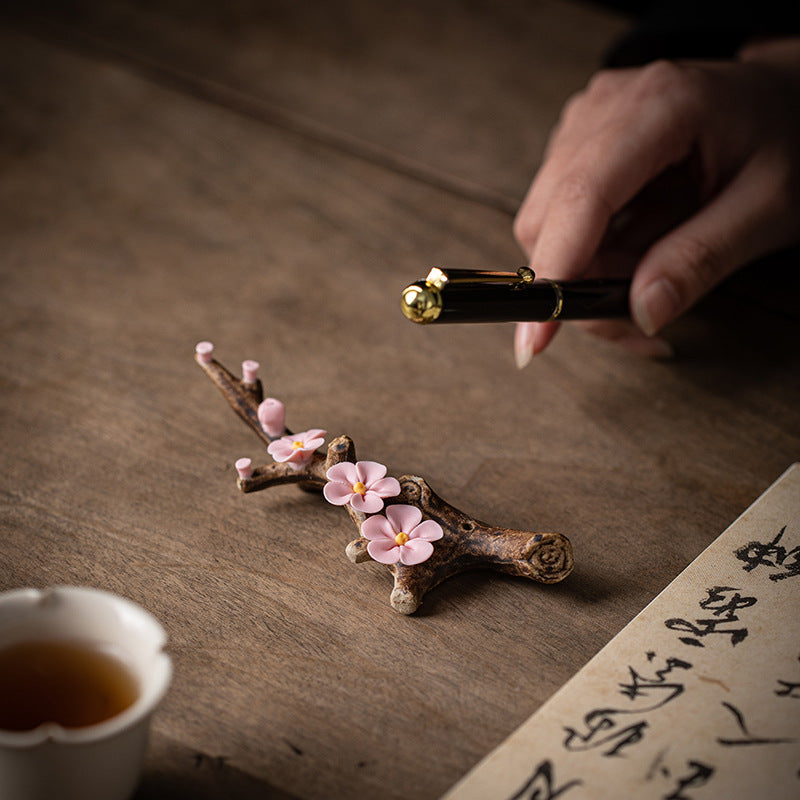 Handmade Ceramic Peach Blossom Incense Holder - Multi-functional Zen Decor for Sticks Incense (11.5x3x2cm)