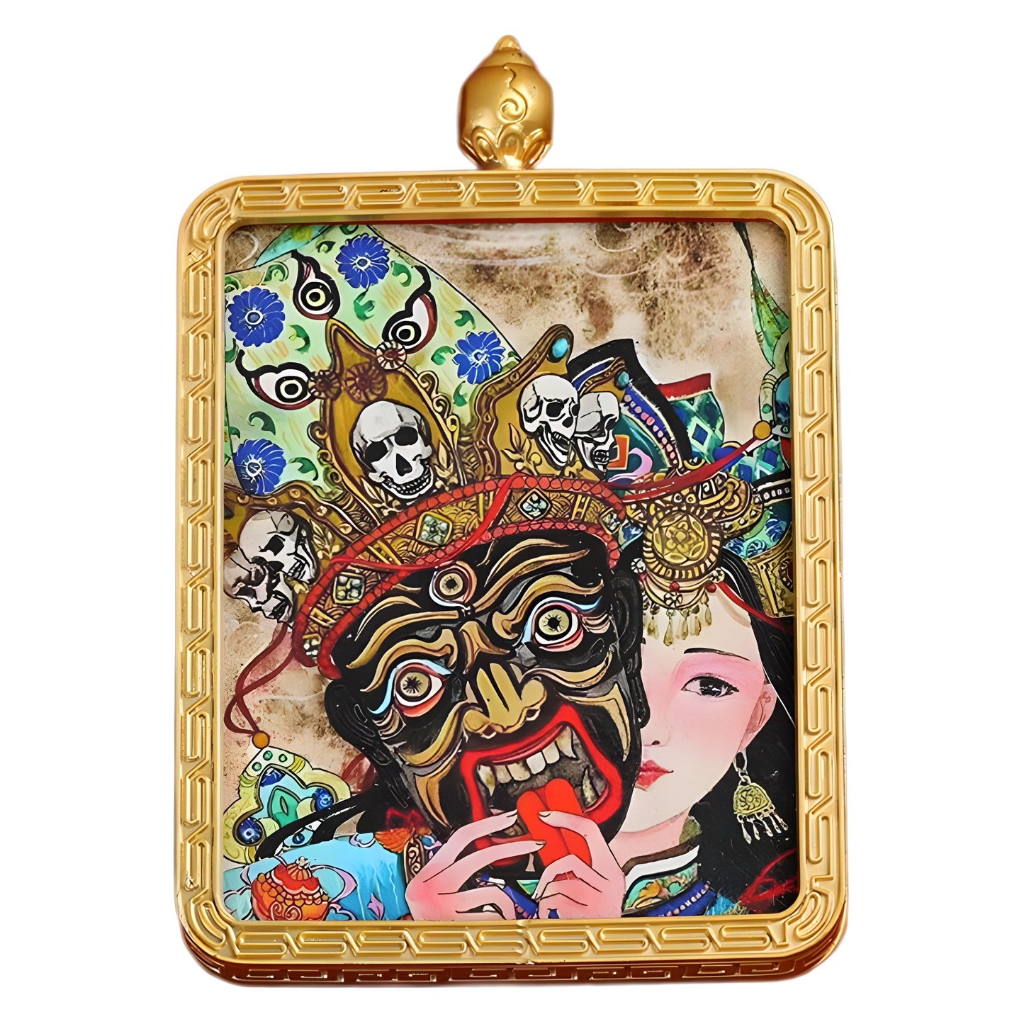 Zaki Ram Tibetan Thangka Pendant – Golden Square Pendant with Sacred Artwork