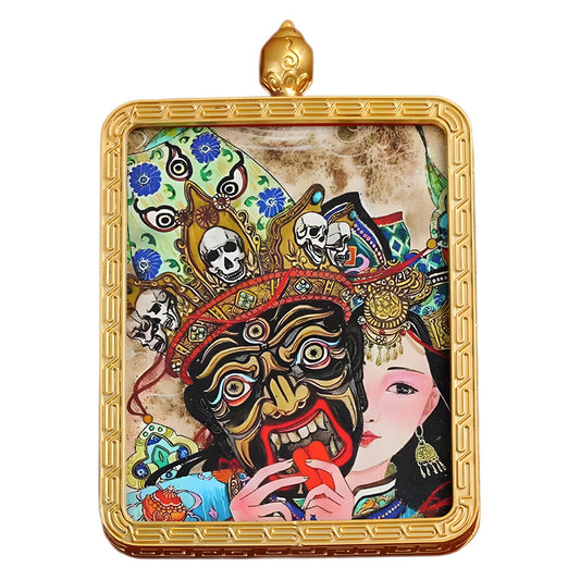 Zaki Ram Tibetan Thangka Pendant – Golden Square Pendant with Sacred Artwork