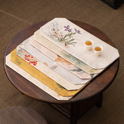 Luxury Zen Tea Table Runner – Vintage Brocade Cloud Pine Design, Chinese-style Tea Table Decor