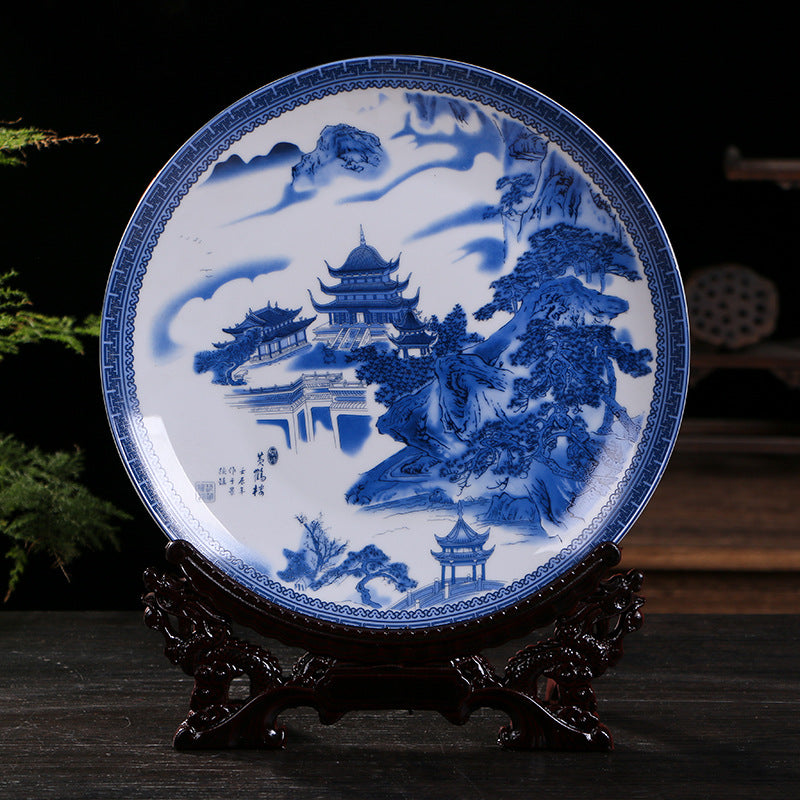 Jingdezhen Blue & White Porcelain Plates - Hand-Painted Chinese Decor (25cm Diameter, 16 Classic Designs, 1000g)