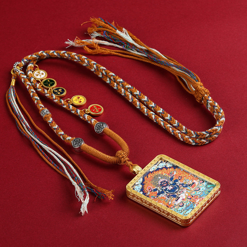 Gold Accented Mahakala Thangka Pendant - Tibetan Protector Deity Necklace
