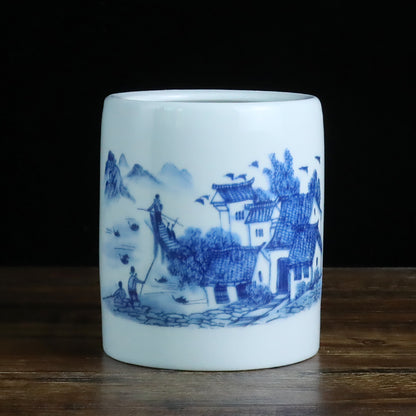 Jingdezhen Ceramic Brush Holder - 13 Classic Chinese Designs for Desk Organization (12cm Height, 10cm Diameter)