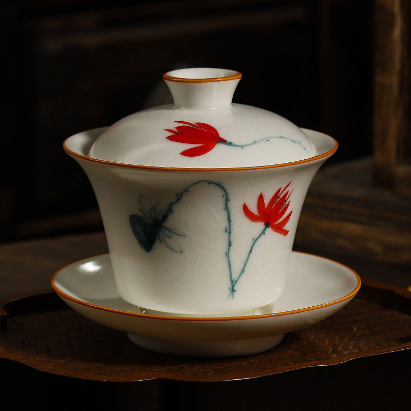 Hand-Painted Ru Porcelain Gaiwan, Ivory White Ceramic Tea Set, Crackle Glaze Three-Talent Bowl, Gongfu Tea Cup, 150ml