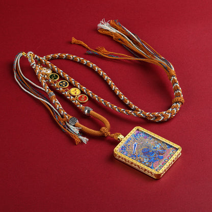 Gold Accented Mahakala Thangka Pendant - Tibetan Protector Deity Necklace