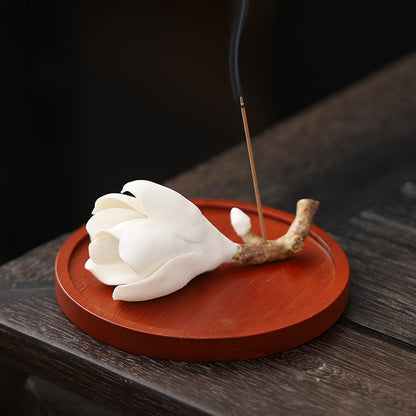 Handmade Ceramic Magnolia Incense Holder - Classic Chinese Desk Decor with Circular Base (9.4x4.7x3.8cm, 10.9cm Stand)