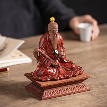 Chinese Ceramic Laozi Statue – Taoist Deity Figurine with Gourd & Horsetail Whisk, Handcrafted Home Altar Decor (13.7x9.2x14.6cm)