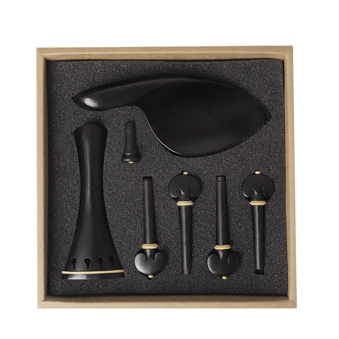 Elegant 4/4 Violin Fittings Set - Ebony with Boxwood Inlay Tailpiece, Pegs, Endpin, and Chin Rest