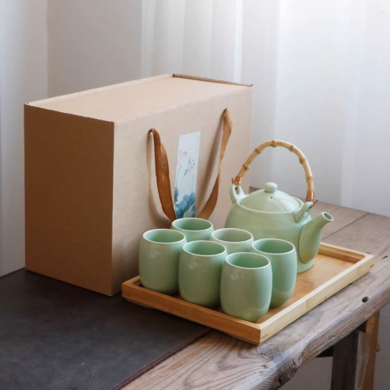 Celadon Tea Set with Bamboo Tray - Jingdezhen Ceramic (1000ml Pot, 6 Cups, Storage Jar, 2 Tea Boards)