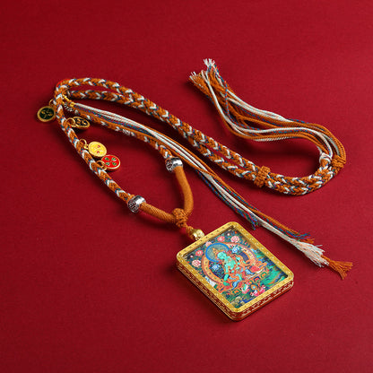 Gold-Finished Hand-Painted Green Tara Thangka Pendant Necklace