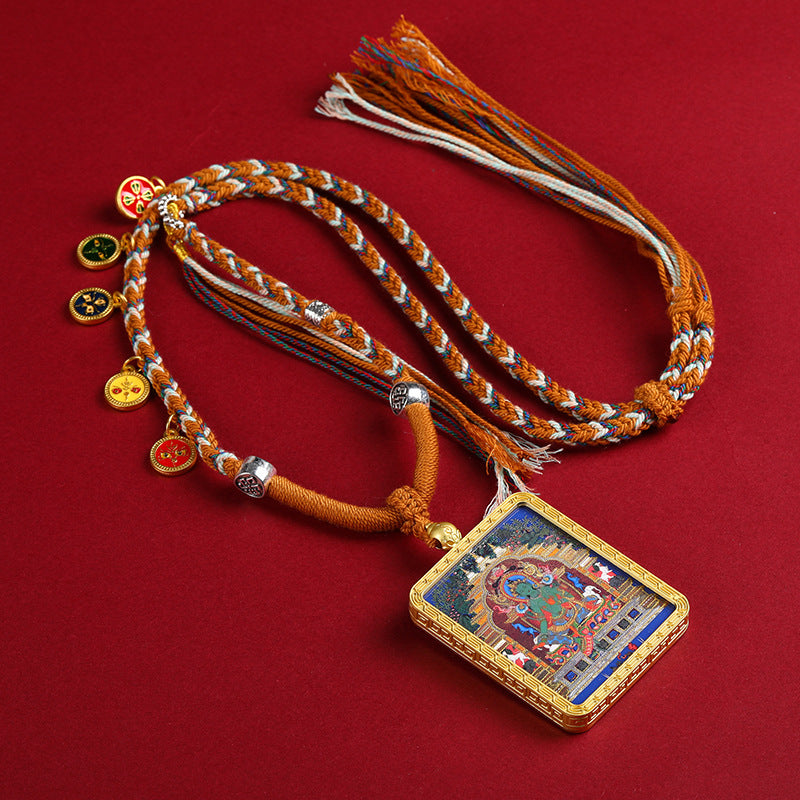 Gold-Finished Hand-Painted Green Tara Thangka Pendant Necklace