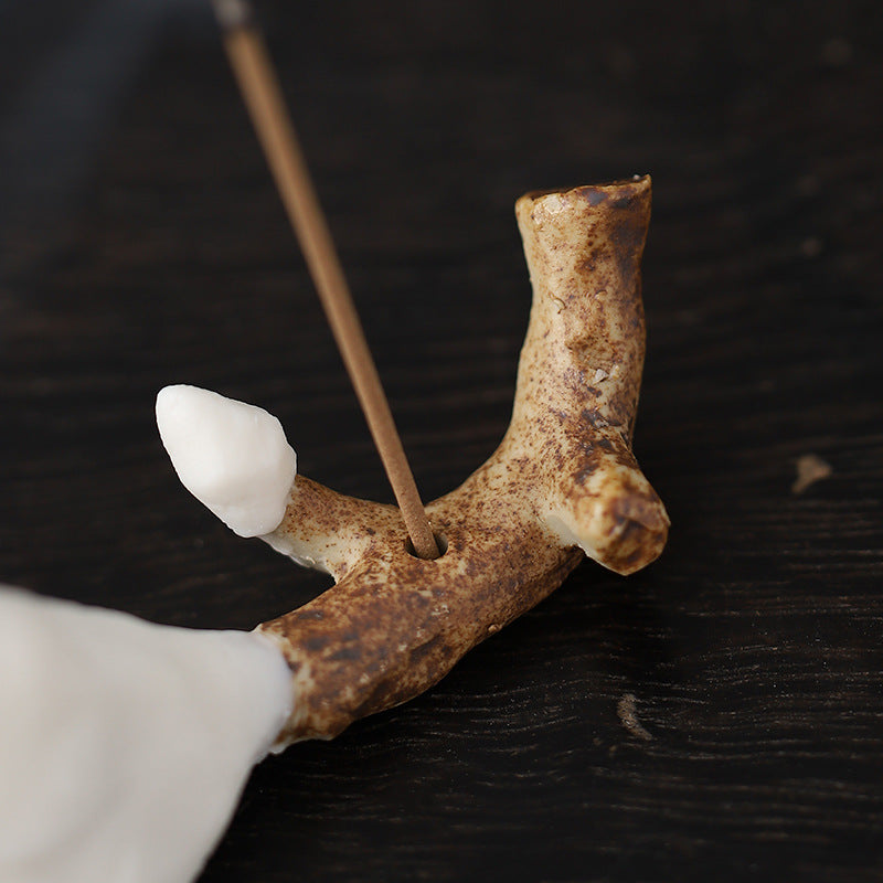 Handmade Ceramic Magnolia Incense Holder - Classic Chinese Desk Decor with Circular Base (9.4x4.7x3.8cm, 10.9cm Stand)