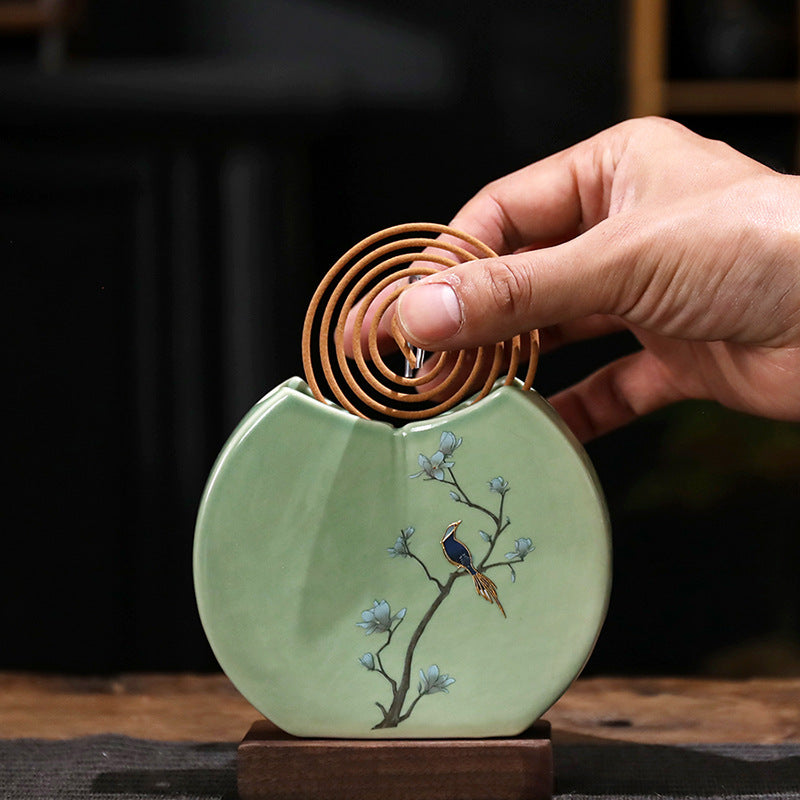 Persimmon-Themed Ceramic Incense Burner - Mini Round Fan Design for Coil Incense (11.5x10x2.2cm, 180g)