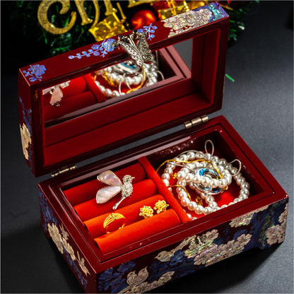 Mother of Pearl Lacquerware Jewelry Box, Wedding Gift, High-end Wooden Ear Jewelry Necklace Storage Box, Chinese Style Lockable Pearl Treasure Box