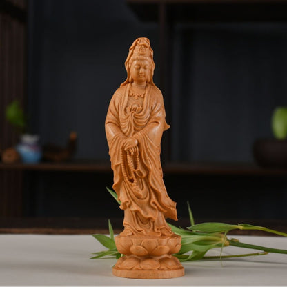 Guanyin Bodhisattva with Prayer Beads – Yellow-cedar Wood Carving for Home & Office Decor