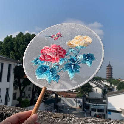 Elegant Double-Sided Embroidered Round Fan with Long Handle - Vintage Palace Style Handheld Fan