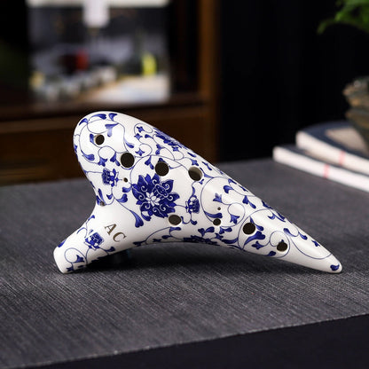 12-Hole Alto C Ceramic Ocarina - Blue & White Porcelain Style (SF/SG/SC/AC Tuning, 18x10x5cm) with Music Sheet, Neck Strap & Carry Bag