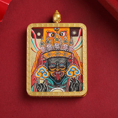Zaki Ram Tibetan Thangka Pendant – Golden Square Pendant with Sacred Artwork
