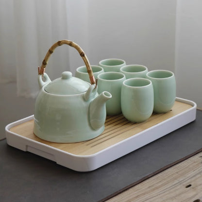 Celadon Tea Set with Bamboo Tray - Jingdezhen Ceramic (1000ml Pot, 6 Cups, Storage Jar, 2 Tea Boards)