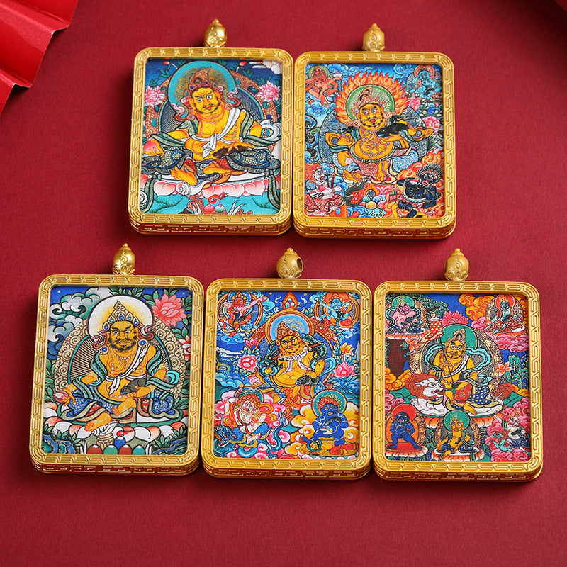 Tibetan Thangka Pendant – Golden Yellow Dzambhala (Wealth Buddha) Thangka Design