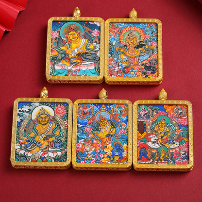 Tibetan Thangka Pendant – Golden Yellow Dzambhala (Wealth Buddha) Thangka Design
