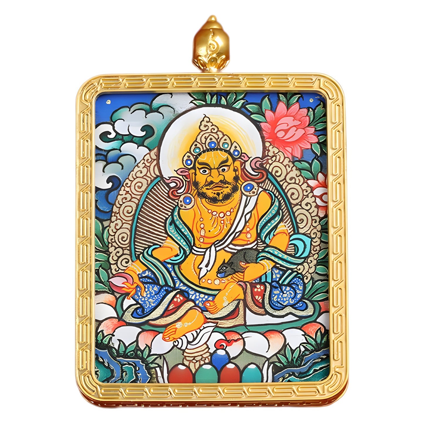Tibetan Thangka Pendant – Golden Yellow Dzambhala (Wealth Buddha) Thangka Design