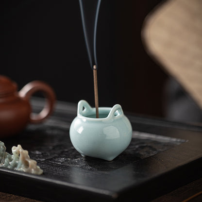 Mini Ceramic Tripod Incense Burner - Compact Zen Incense Holder for Tea Table (5x5x4.3cm, 9-Hole Design)