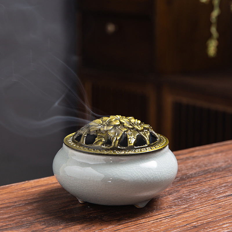 Beautiful Ice-Crack Porcelain Incense Burner with Pottery Plate for Relaxation and Meditation