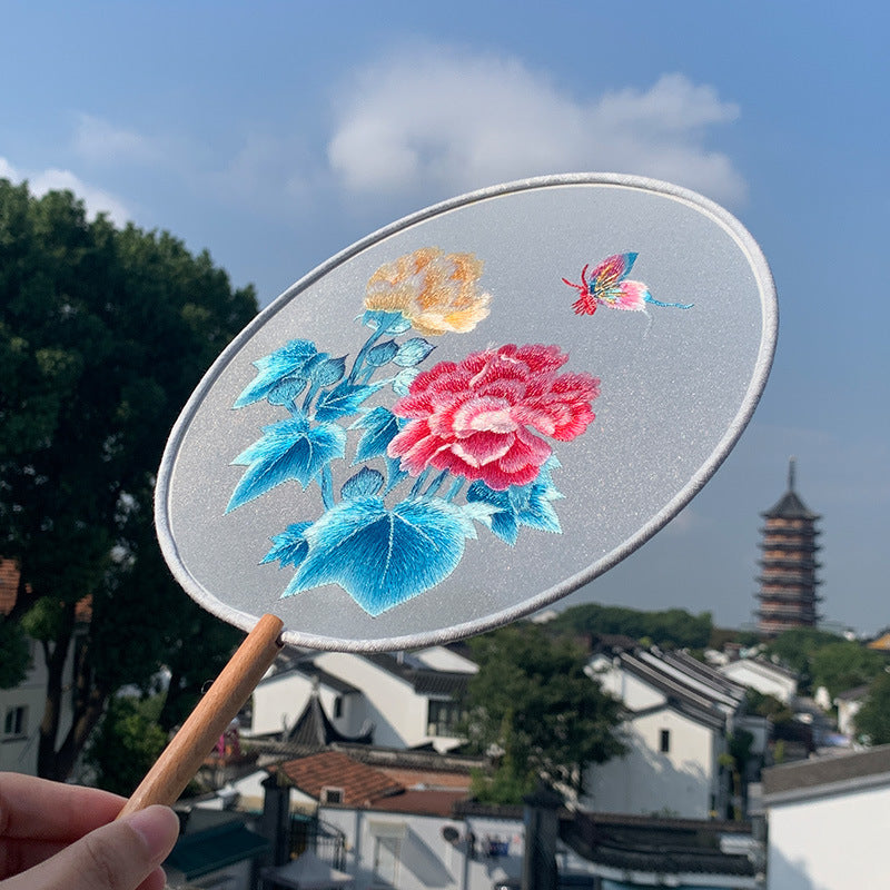 Elegant Double-Sided Embroidered Round Fan with Long Handle - Vintage Palace Style Handheld Fan