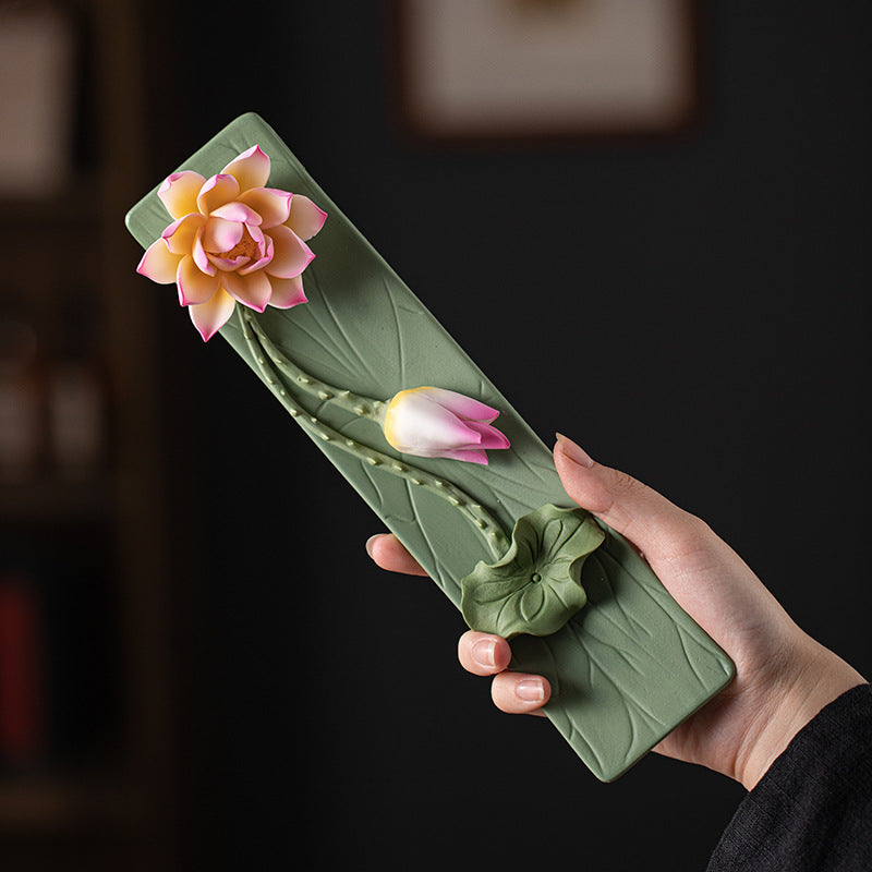 Handmade Ceramic Lotus Incense Holder - Flat-Lying Zen Decor for Tea Table with Non-Slip Base