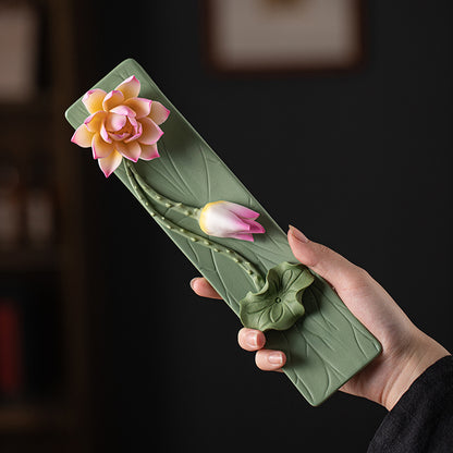 Handmade Ceramic Lotus Incense Holder - Flat-Lying Zen Decor for Tea Table with Non-Slip Base