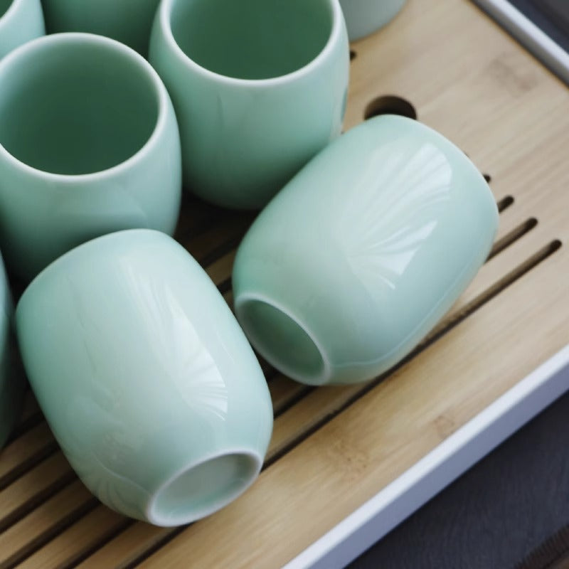 Celadon Tea Set with Bamboo Tray - Jingdezhen Ceramic (1000ml Pot, 6 Cups, Storage Jar, 2 Tea Boards)